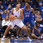 DURHAM, NC - OCTOBER 22: Chase Jeter #2 of the Duke Blue Devils moves the ball against Marques Bolden #20 during Countdown To Craziness at Cameron Indoor Stadium on October 22, 2016 in Durham, North Carolina. (Photo by Lance King/Getty Images)